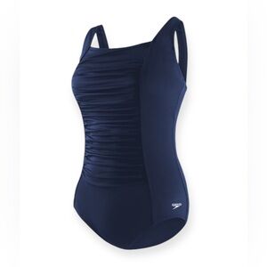 Speedo Women's Plus One Piece Swimsuit Shirred Moderate Cut, Bra Support Navy 22